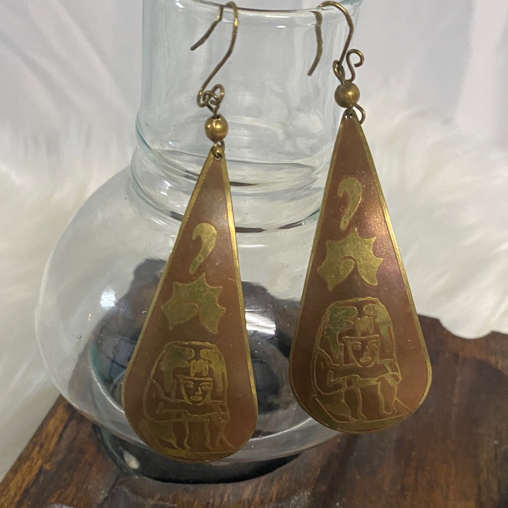 Gold and Copper Teardrop Egyptian Motif Earrings